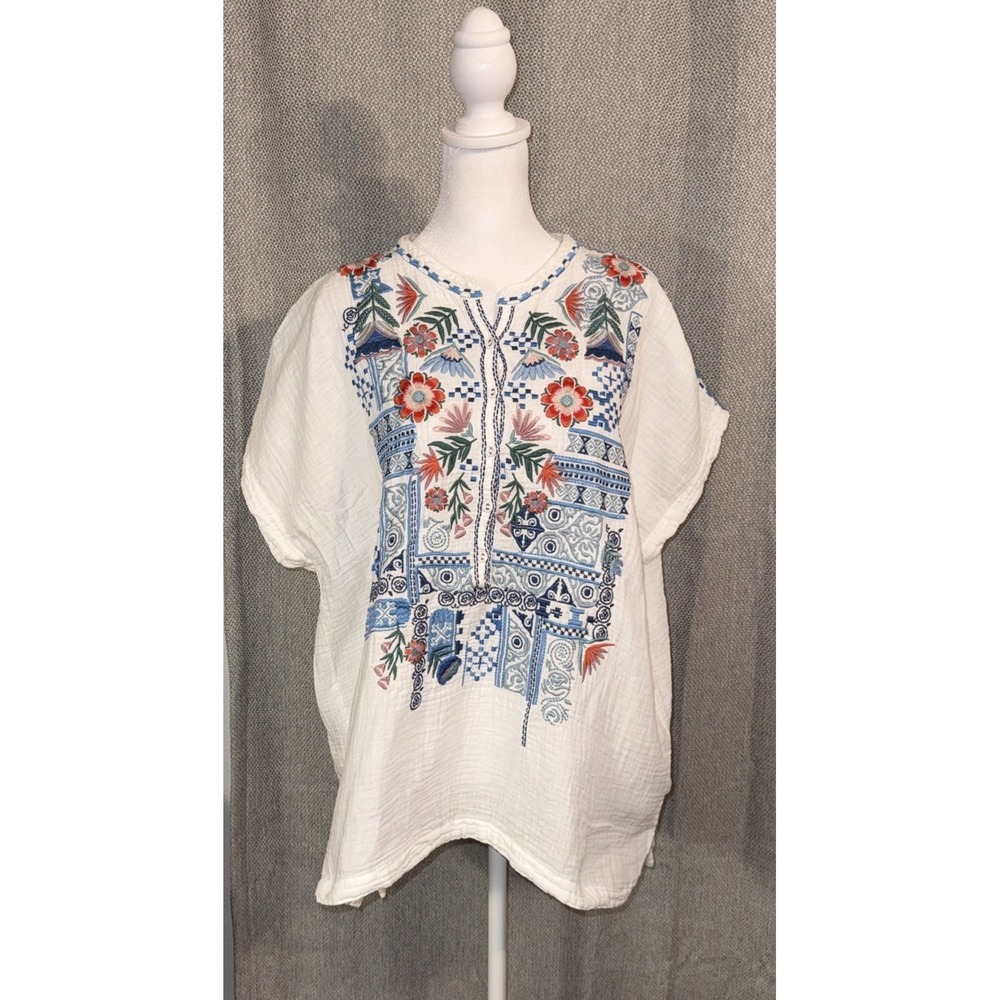 Johnny Was Biya Chrisley Top Women's Size XL White Muslin Short Sleeve Boho